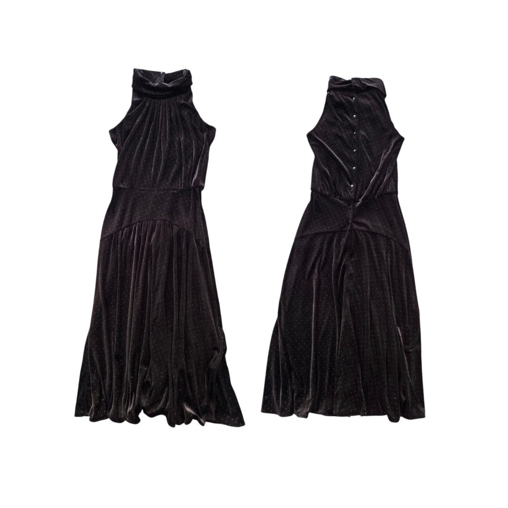 Vintage 80s Velvet Maxi Dress Size 4 Black Gold Dot High Neck Evening Whimsigoth